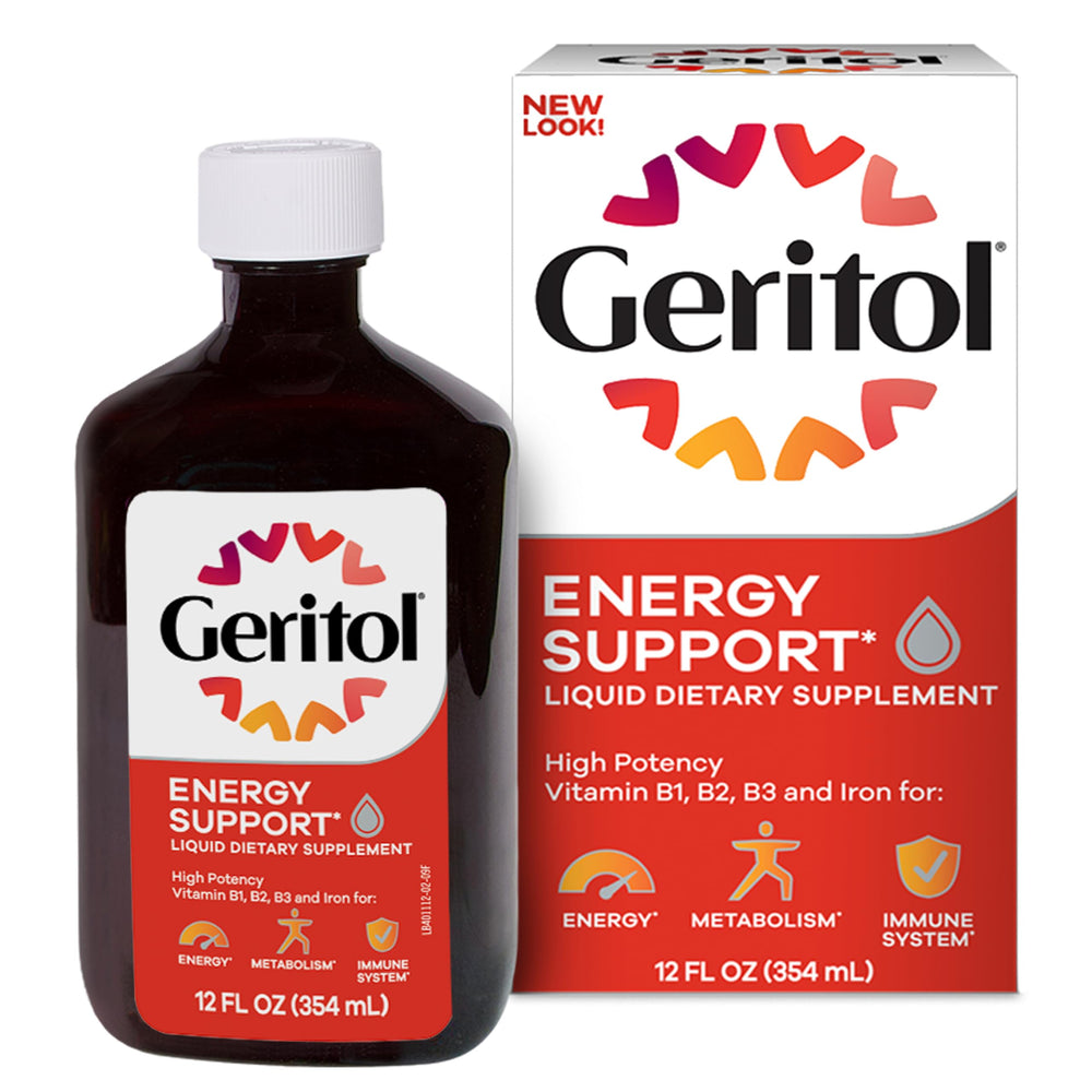 Geritol liquid bottle pour shows easy daily energy support after meals.