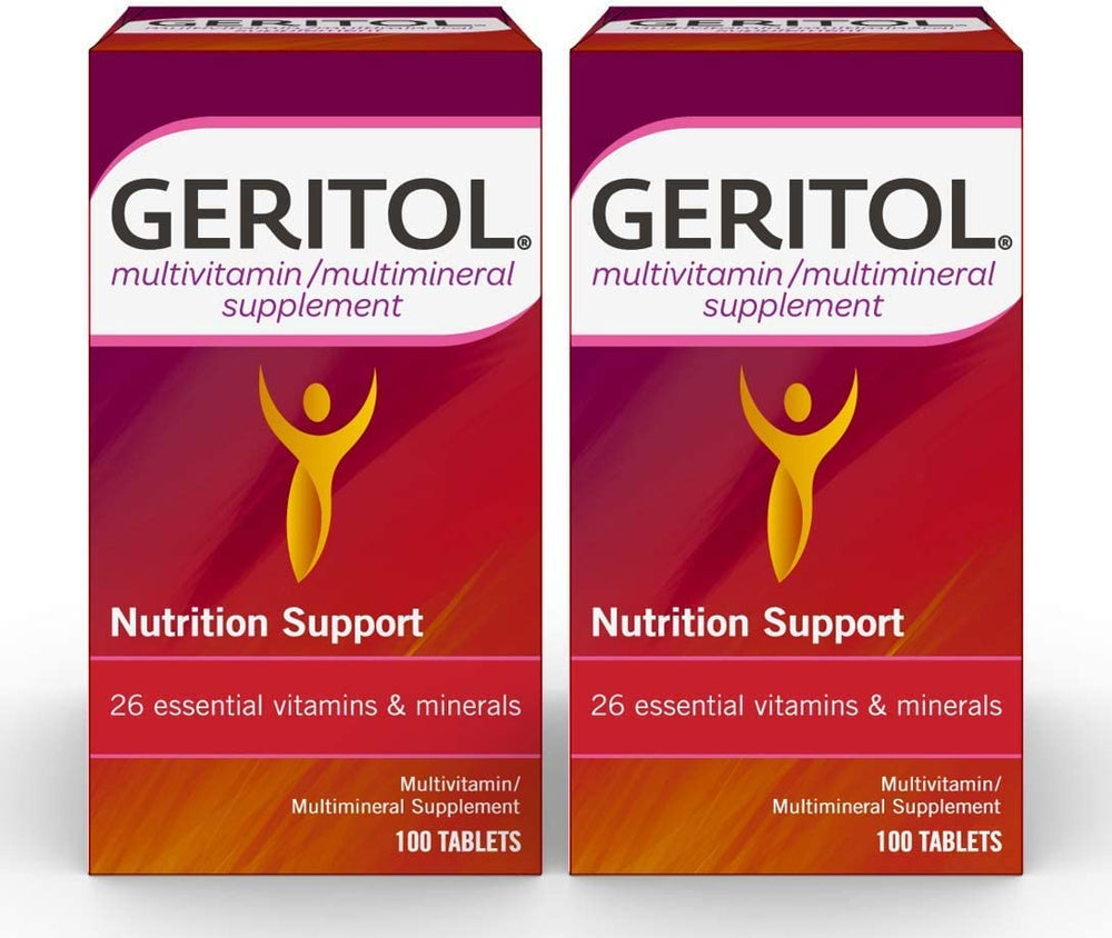 Geritol multivitamin bottle with 100-tablet pack supporting daily nutrition balance