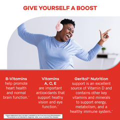 Geritol label detail, ingredients and gluten-free non-GMO claim.
