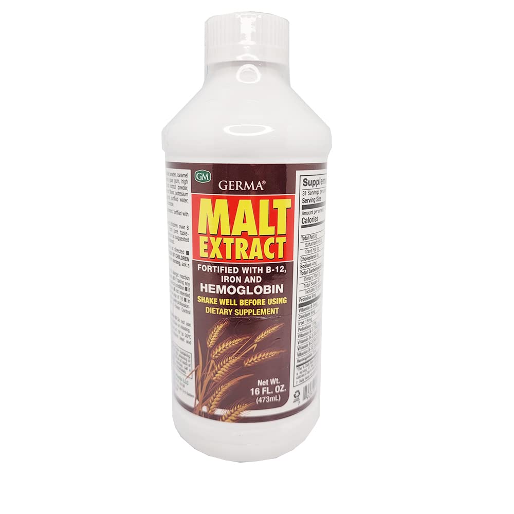 Germa Malt Extract 16oz bottle with B12 and iron for daily energy support.