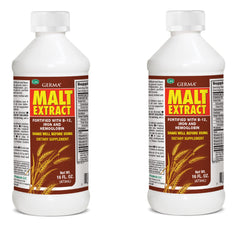 Germa Malt Extract 16oz bottle highlighting B-12 and iron fortification for energy support