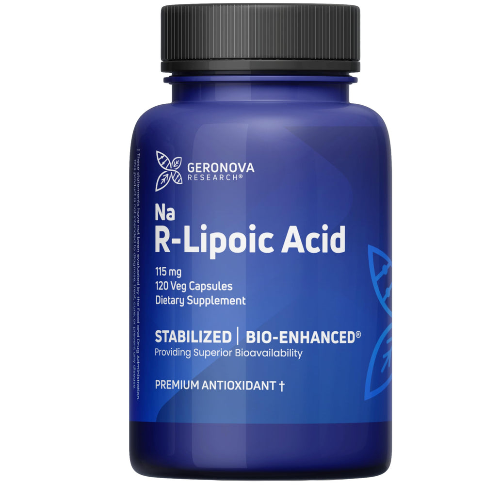 Geronova Bio-Enhanced R-Lipoic Acid capsule close-up highlighting high absorption.