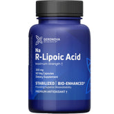 Geronova Research Bio-Enhanced R-Lipoic Acid capsules bottle front, highlighting enhanced absorption.