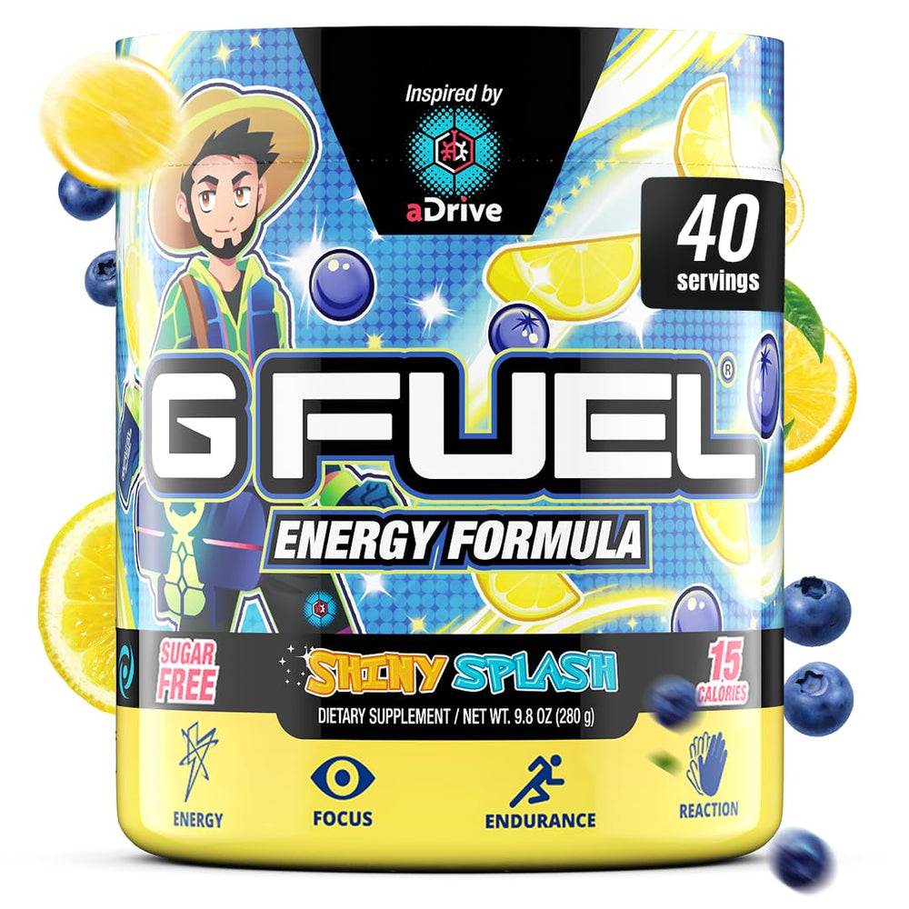 G Fuel aDrive energy tub front displaying branding for focused gaming sessions.