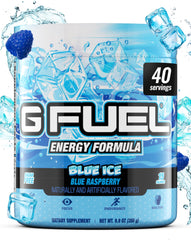 G Fuel Blue Ice energy powder tub ready for gamers seeking steady focus.