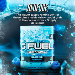 G Fuel Blue Raspberry flavor scoop ready for precise mixing.