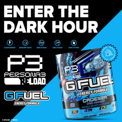 G Fuel Cadenza label closeup highlighting zero sugar and vitamins.