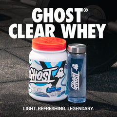 Scoop of GHOST Clear Whey Isolate Blue Raspberry being added to shaker for easy mixing