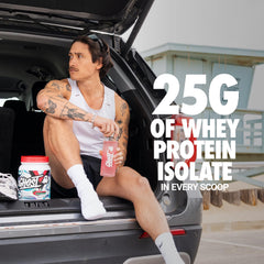 GHOST Clear Whey Isolate Strawberry Watermelon scoop close-up highlighting 25g protein