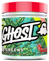 GHOST Greens Guava Berry bottle pouring, ideal for quick daily greens boost after workouts.