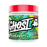 GHOST Greens Pink Lemonade tub label highlights the 19 greens and reds blend.
