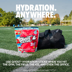 GHOST Hydration glass with the stick ready to mix for on-demand hydration.
