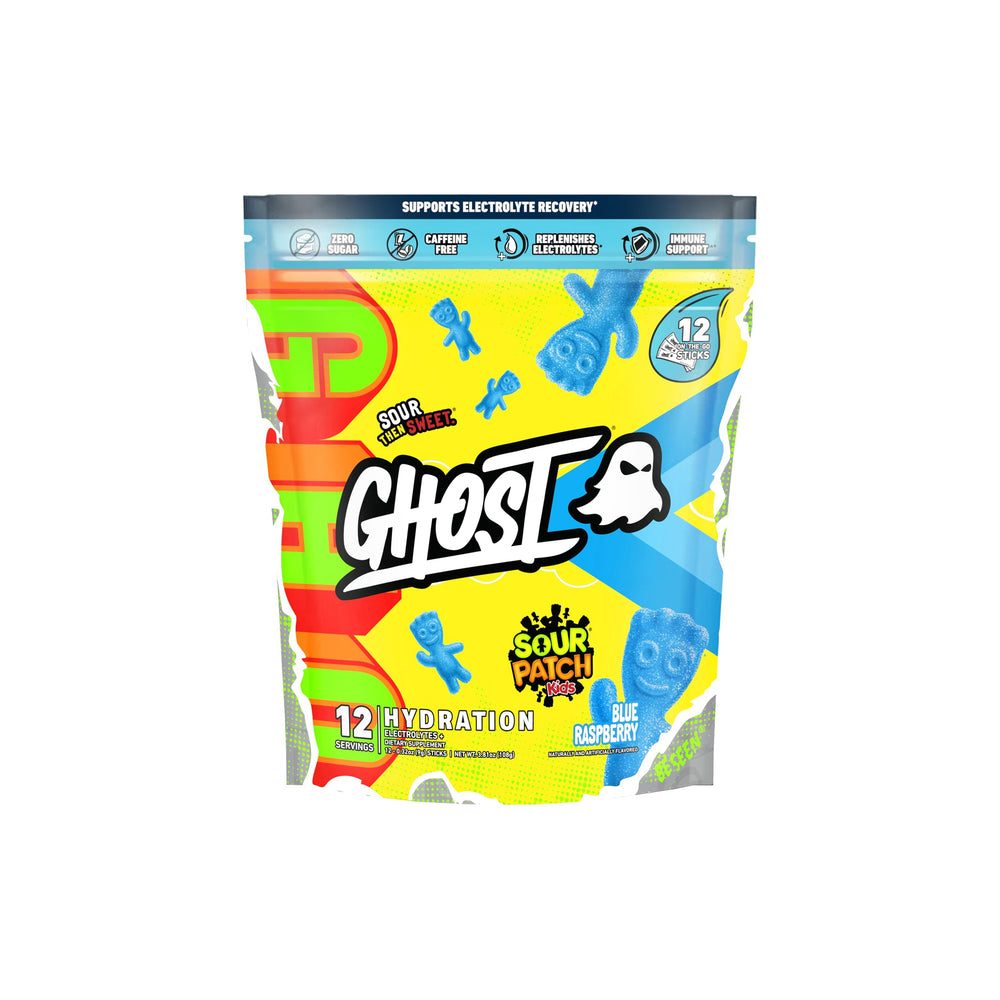 GHOST Hydration Stick in Sour Patch Kids Blue Raspberry boosts hydration with electrolytes.