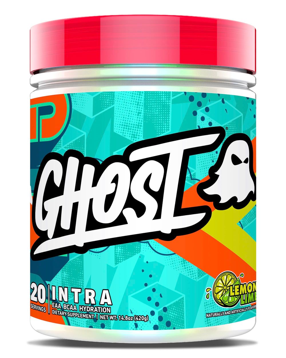 GHOST Intra Lemon Lime tub with transparent label and hydration-focused formula.