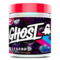 GHOST Legend All Out V2 bottle with blue raspberry powder for energized workouts