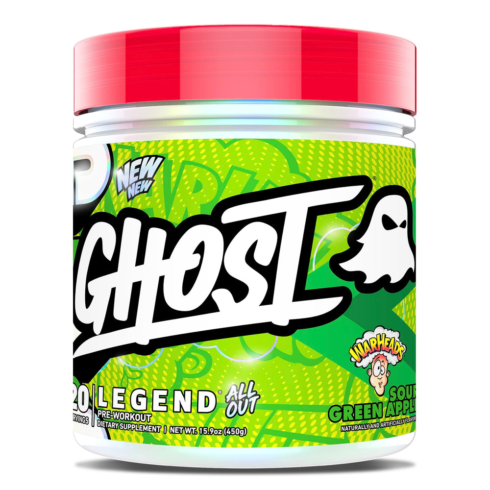 GHOST Legend All Out V2 jar with Warheads Sour Green Apple for sustained energy