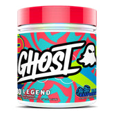 GHOST Legend Blue Raspberry canister showing vegan pre-workout formula for energy.