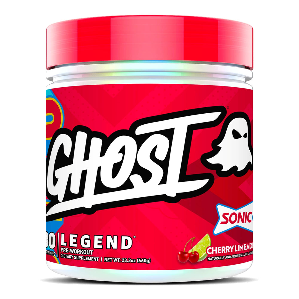 GHOST Legend powder tub front with Sonic Cherry Limeade label for clean energy boost