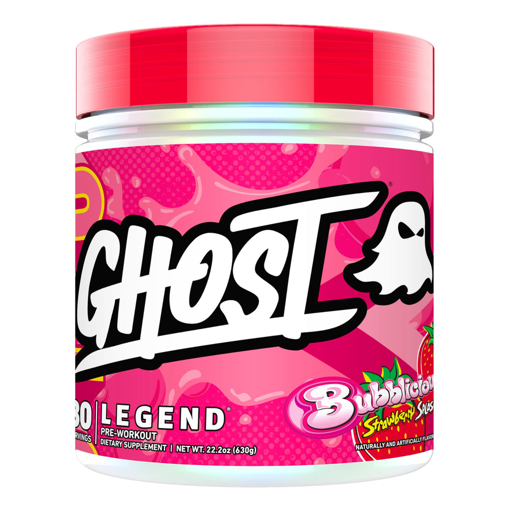 GHOST Legend pre-workout tub with Bubblicious Strawberry Splash flavor ready for workouts.