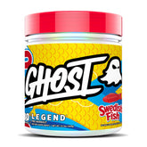 Ghost Legend Swedish Fish label close-up showing vegan-friendly formula for clean energy.