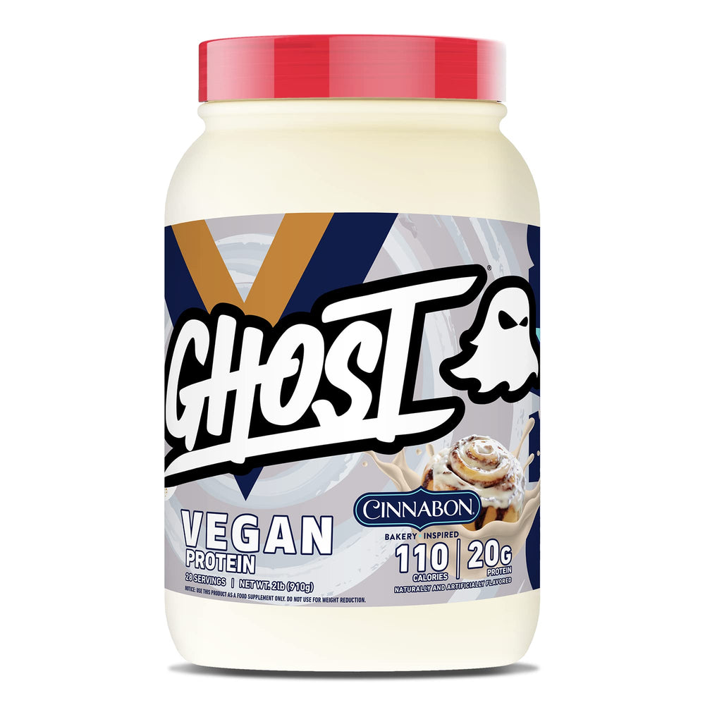 GHOST Vegan Cinabon bottle closeup showing transparent labeling for trusted plant protein.