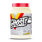 GHOST Vegan Protein Banana Pancake Batter tub with clear label and banana flavor.