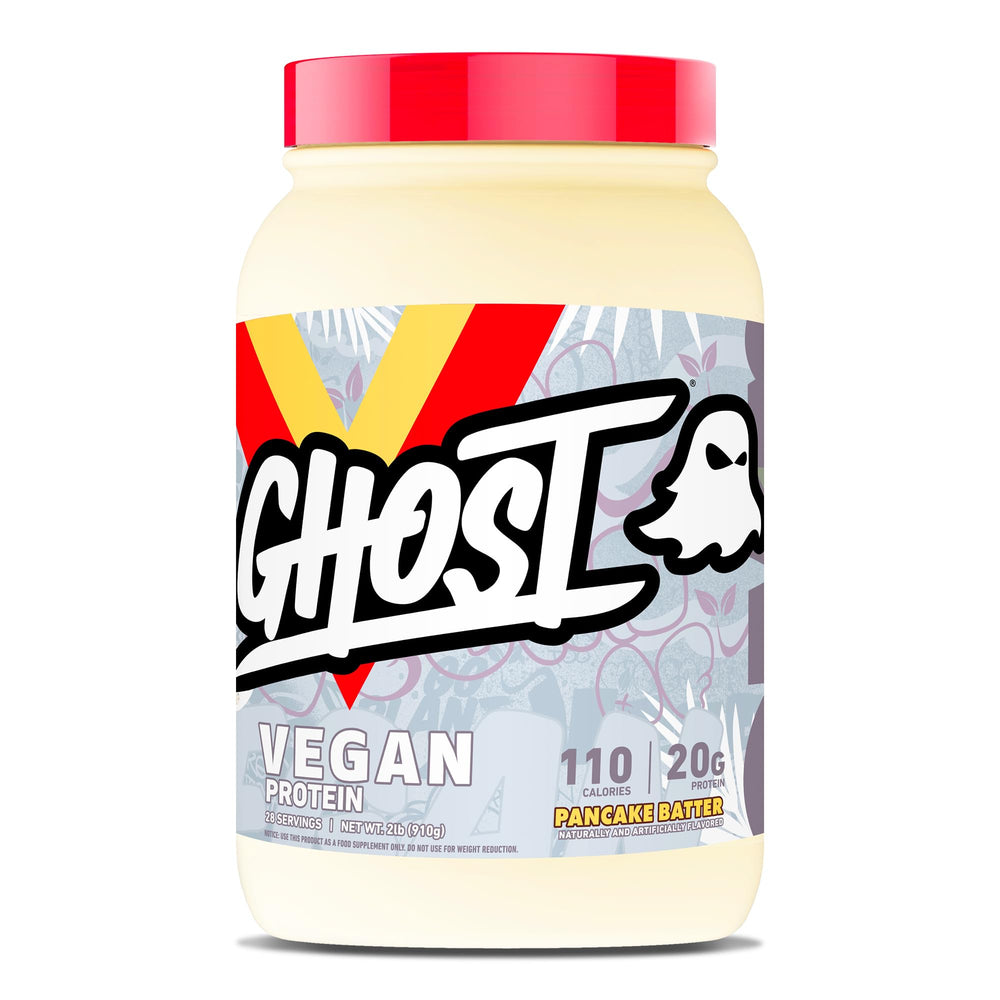 Ghost Vegan Protein Pancake Batter tub reveals transparent ingredients for clean plant-based nutrition