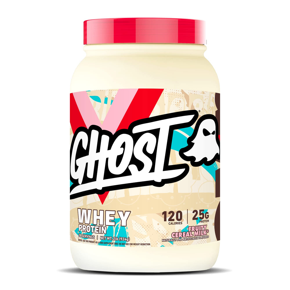 GHOST Whey Fruity Cereal Milk tub with transparent label and 25g protein per serving