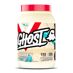 GHOST Whey Marshmallow Cereal Milk tub shows transparent label and 25g protein per scoop for shakes.