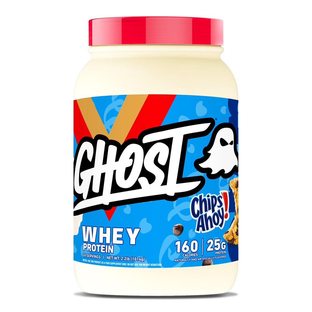 Ghost Whey Protein Powder with Chips Ahoy cookie pieces visible, ideal for post-workout shakes