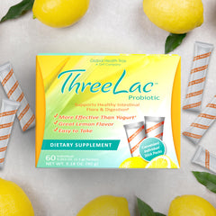 ThreeLac lemon powder dissolving in water for easy daily consumption.