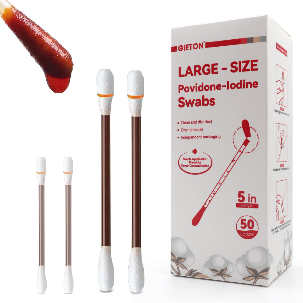 GIETON large povidone-iodine swab with saturated tip for fast cleansing.