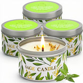 Gisly 4-pack sage candles on a display tray creating a fresh home scent.