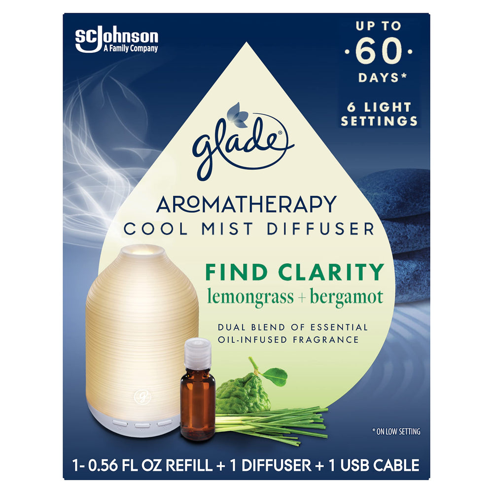 Glade Aromatherapy Diffuser close-up showing Bergamot-Lemongrass blend for a calming space