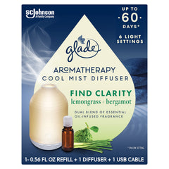 Glade Aromatherapy Diffuser close-up showing Bergamot-Lemongrass blend for a calming space