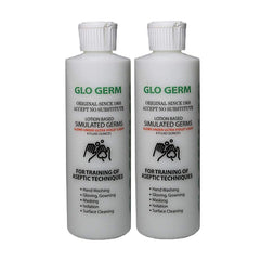 Glo Germ Gel two-pack pumped on hands for germ simulation training.