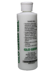 Glo Germ Gel glows under UV light to reveal simulated germs.