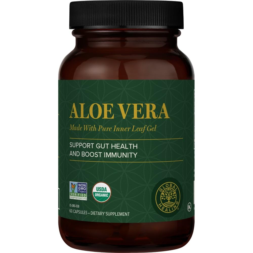 Global Healing Center Aloe Vera Bio-Active bottle shows 200x concentrate for digestive comfort