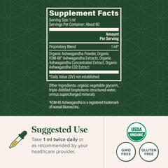 Global Healing Center Ashwagandha Drops label close-up showing organic, non-GMO formula