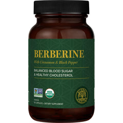 Global Healing Center berberine bottle with cinnamon and black pepper on the label, 1200 mg formula.