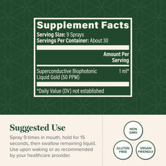 Global Healing Center Biophotonic Liquid Gold Spray label closeup highlighting ingredients and branding.