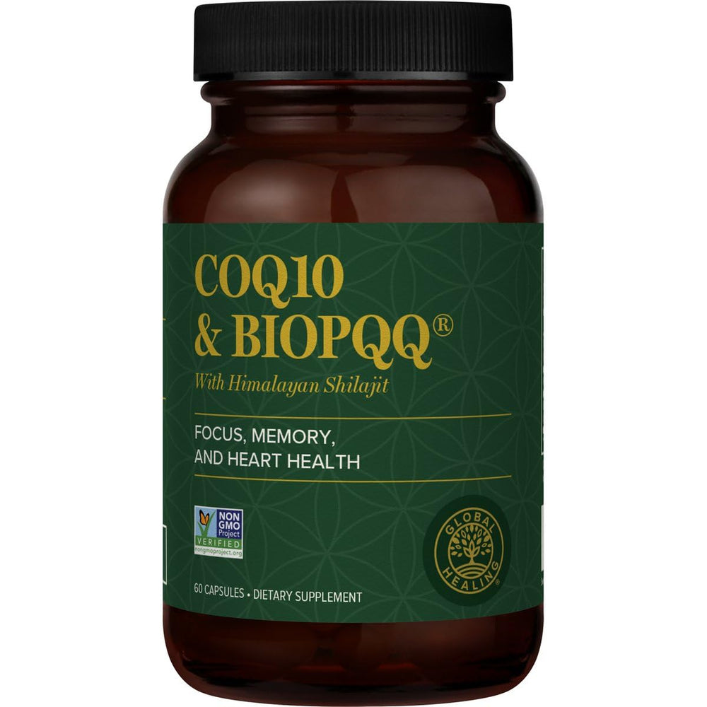 Global Healing Center CoQ10 bottle close-up for daily energy support.
