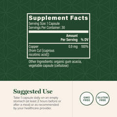 Global Healing Center Cu1 bottle label closeup highlights chelated copper with niacin