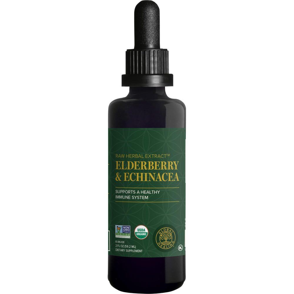 Global Healing Center elderberry-echinacea tincture bottle for immune support.