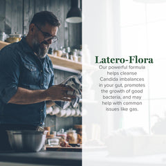 Global Healing Center Latero-Flora capsules shown for on-the-go digestive support.