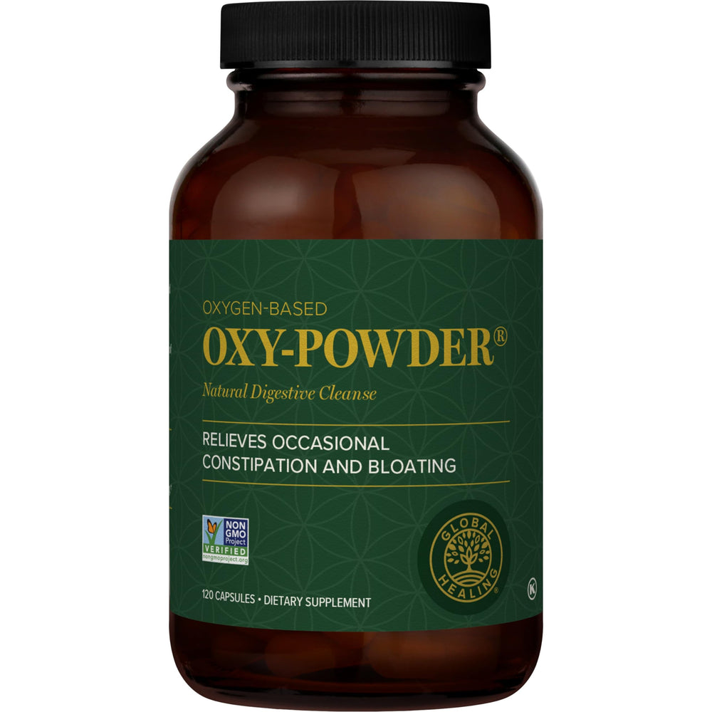 Global Healing Center Oxy-Powder bottle shows easy nightly cleanse potential.