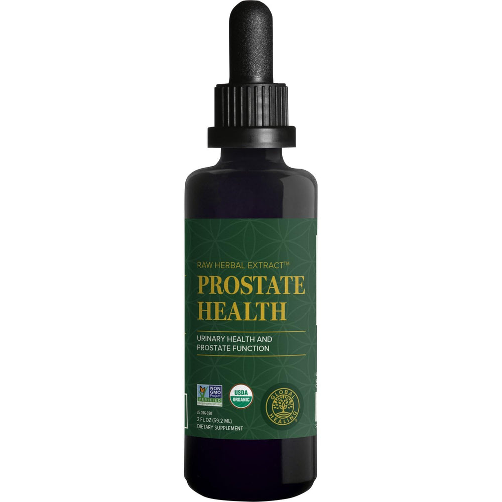 Global Healing Center Prostate Health bottle on a clean counter, promoting urinary comfort