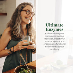 Global Healing Center Ultimate Enzymes packaging display highlights vegan blend.