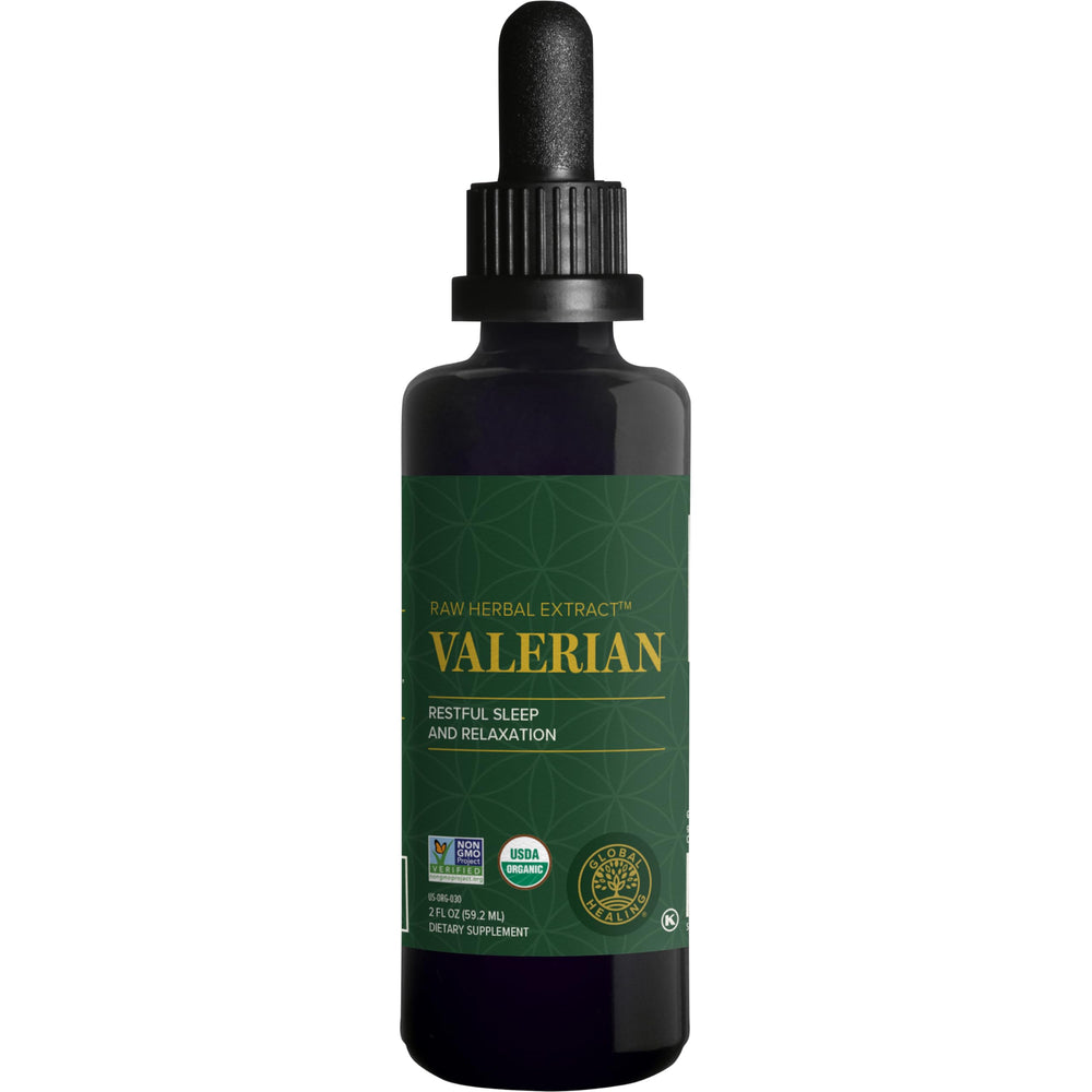 Global Healing Center valerian bottle pour supports restful sleep