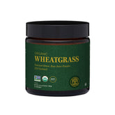 Global Healing Center wheatgrass powder jar front shows nutrient-dense powder for daily vitality.